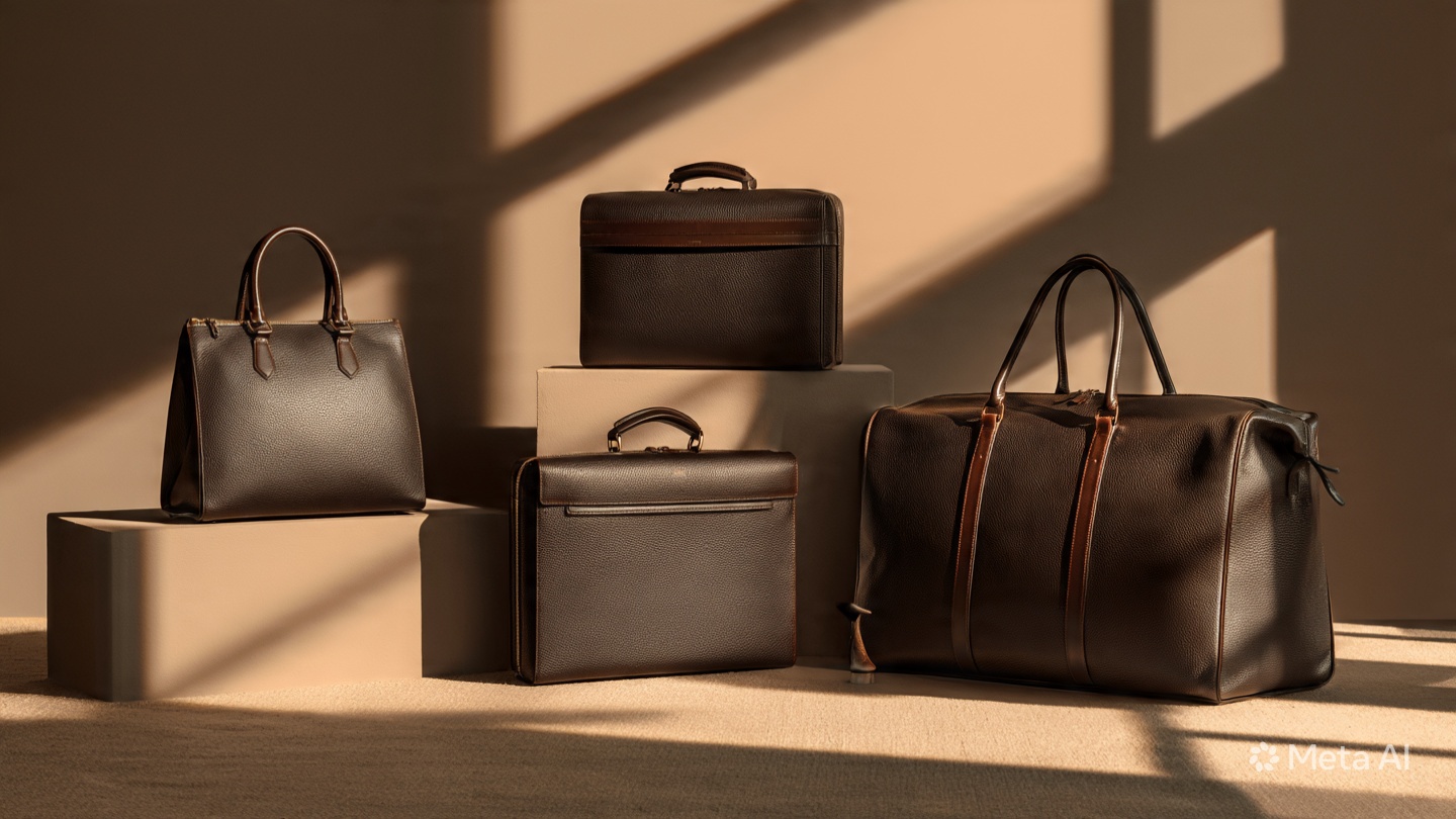 Luxury leather bags and wallets styled with flowing linen and layered jewelry